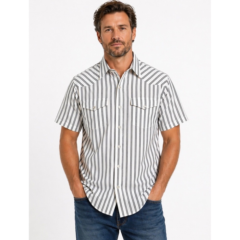 Wrangler Short Sleeve Western Shirt White Black Stripe Snap Pocket Size L